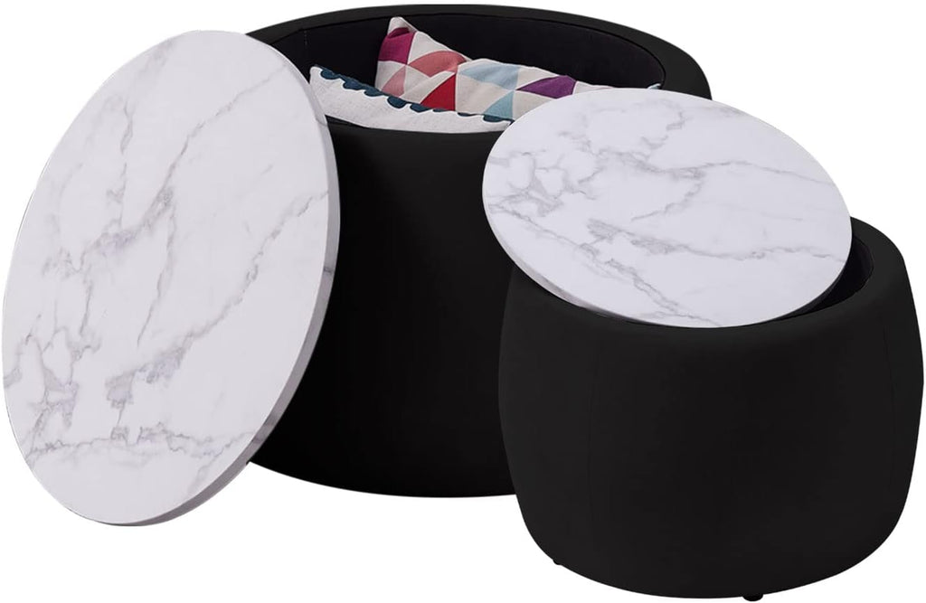Black Round Coffee Table Set of 2 Nesting Storage Ottoman Velvet Fabric W473541
