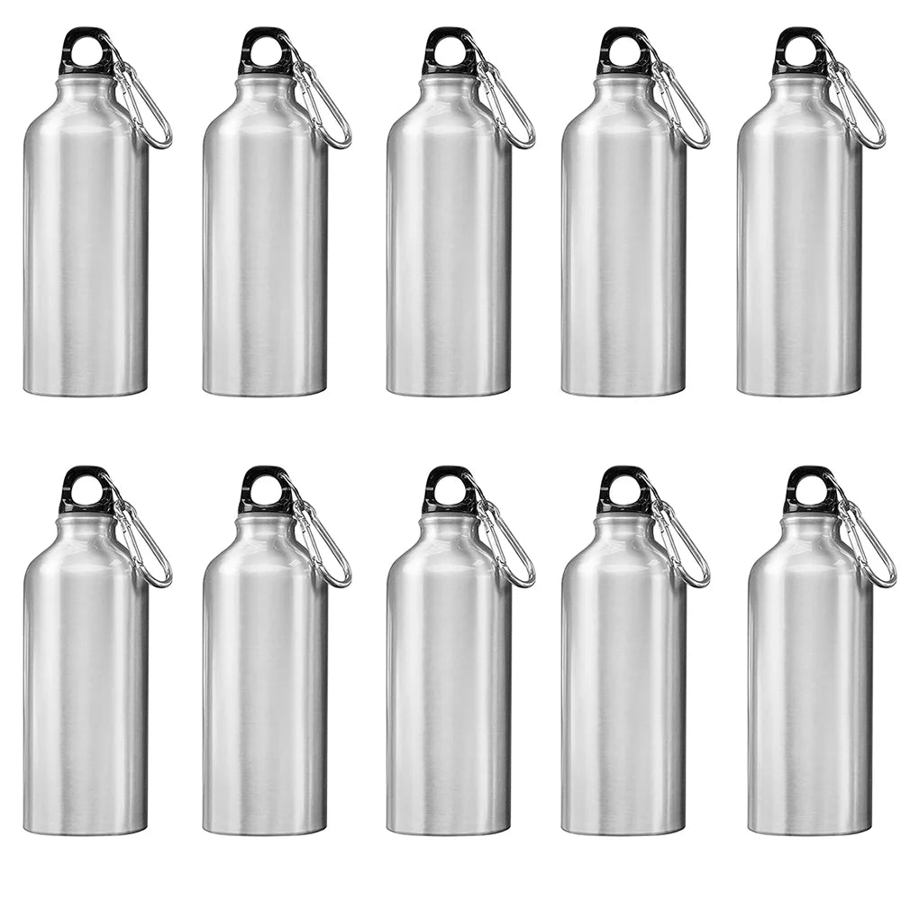 10pcs 600ml Aluminum Water Bottles Silver with Carabiner Hook J918
