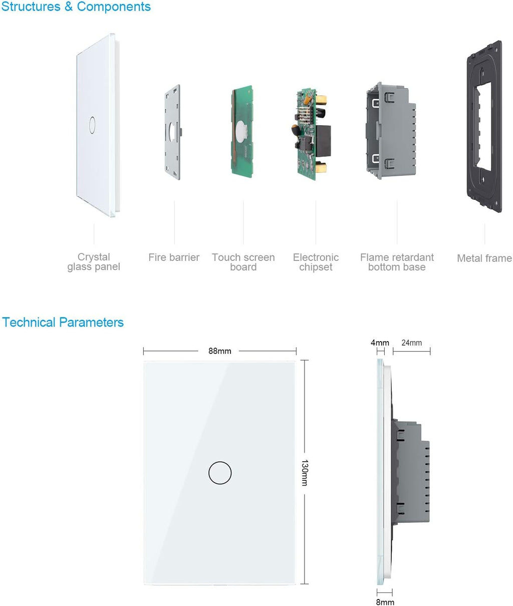 White 1 Gang 1 Way Tempered Glass Touch Light Switch, 2 Pack K773