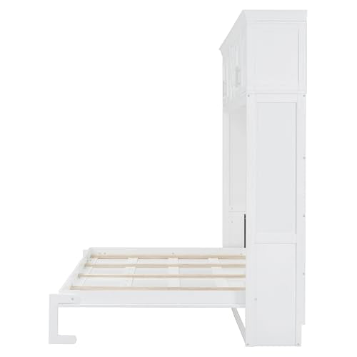 White Queen Size Murphy Wall Bed with Top Cabinets & Wine Rack Z52804