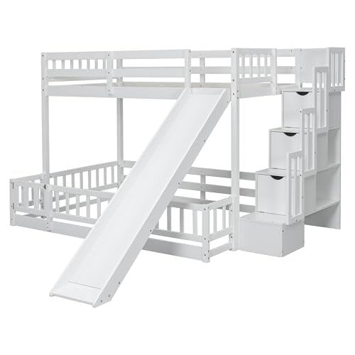 White Twin Over Full Bunk Bed with Slide and Storage Staircase R447265