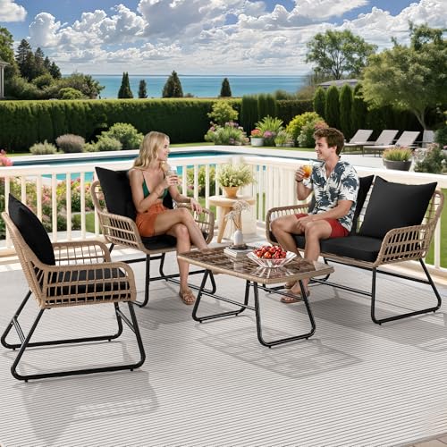 4 Piece Wicker Patio Conversation Set with Cushion & Coffee Table S9879
