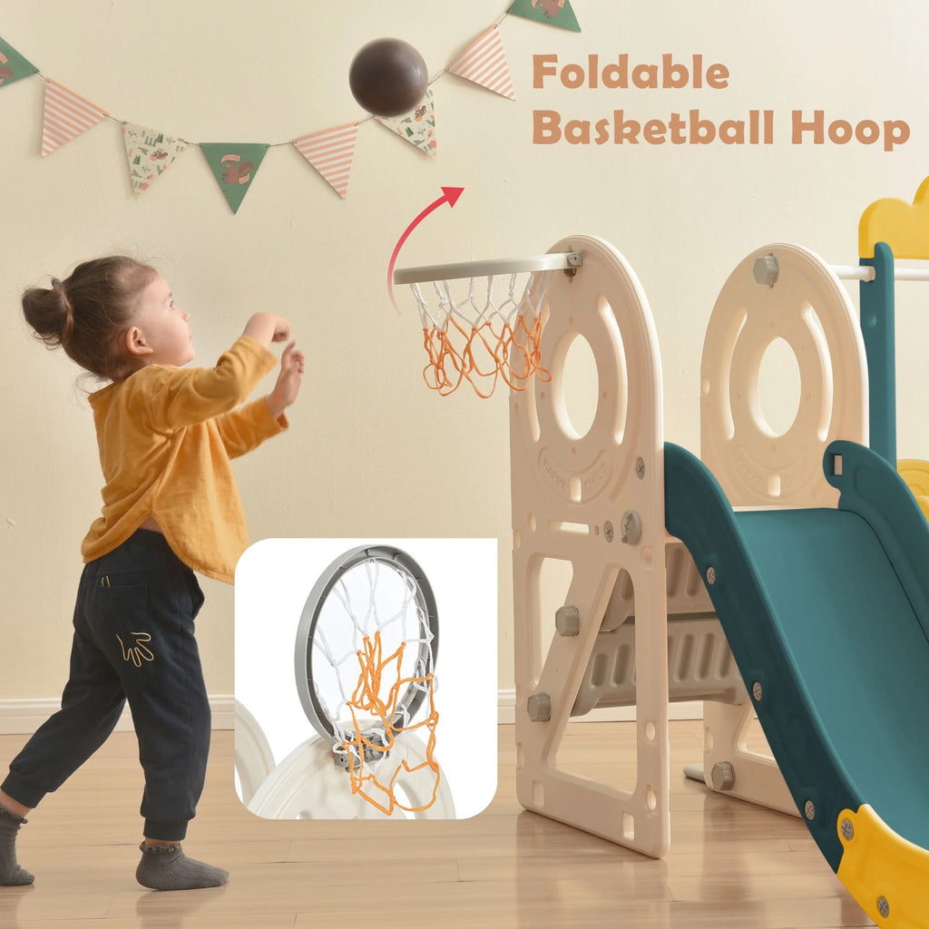 5-in-1 Kids Slide and Swing Set with Bus Playhouse, Basketball Hoop, Climber, Green X582179
