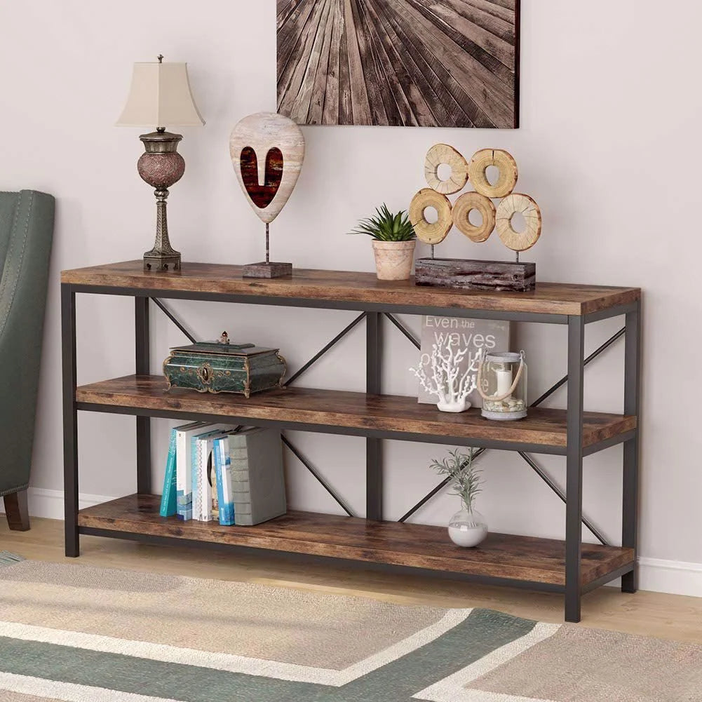 Rustic Industrial 55 Inch Sofa Table with Shelves D3891