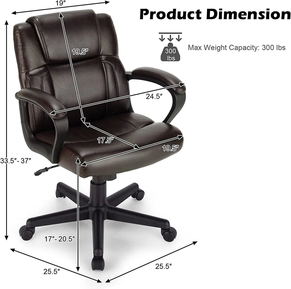 Dark Brown Leather Ergonomic Mid Back Office Chair D156