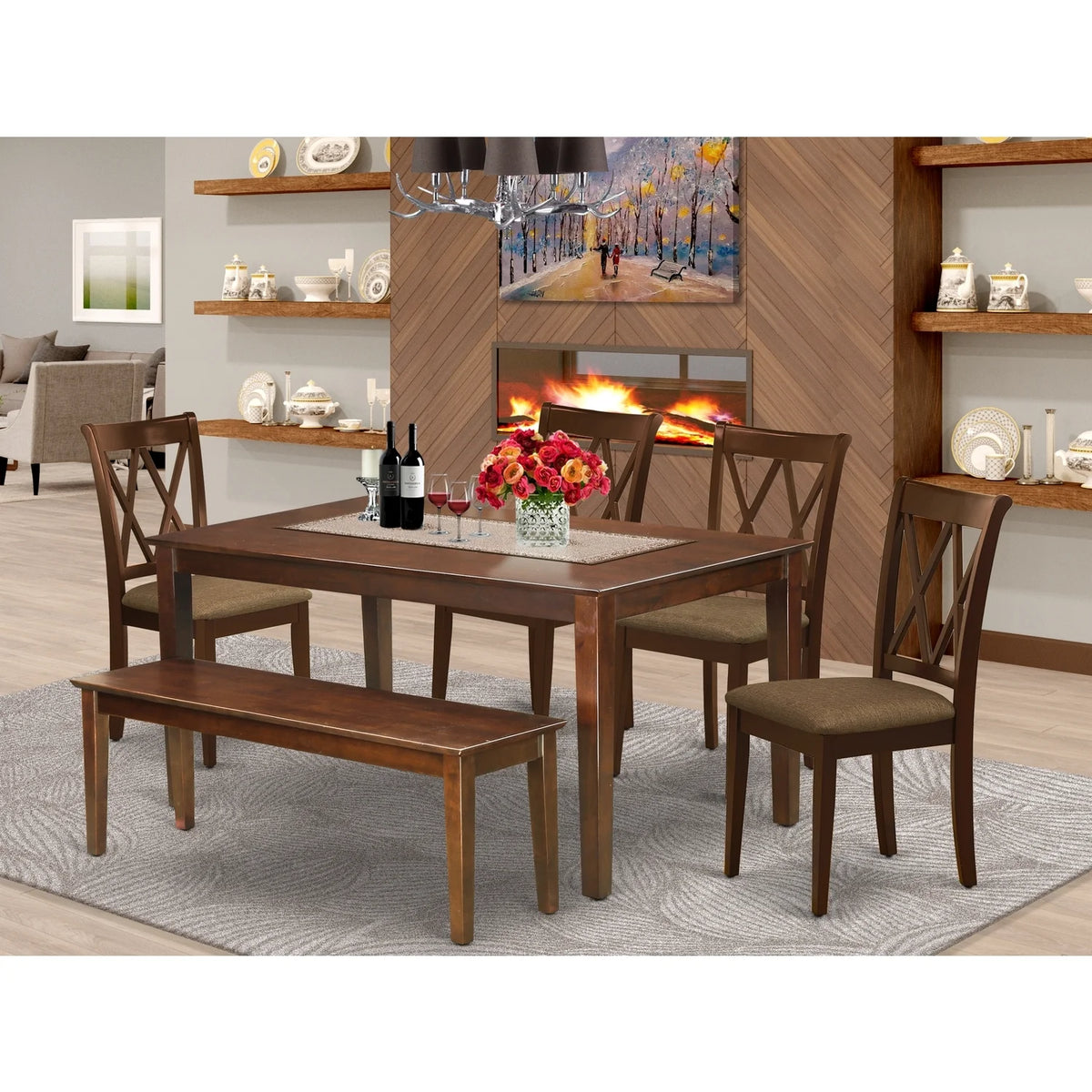 6 Pc Dining Set with Table, 4 Chairs and Bench, Mahogany Finish L7690