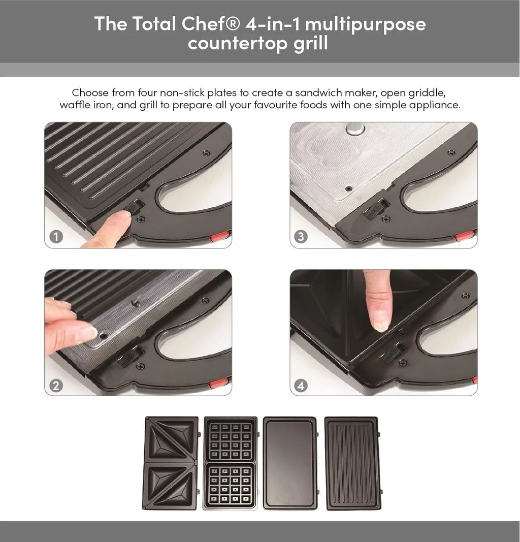 4-in-1 Waffle Maker with Removable Non-Stick Cast Iron Plates R4707