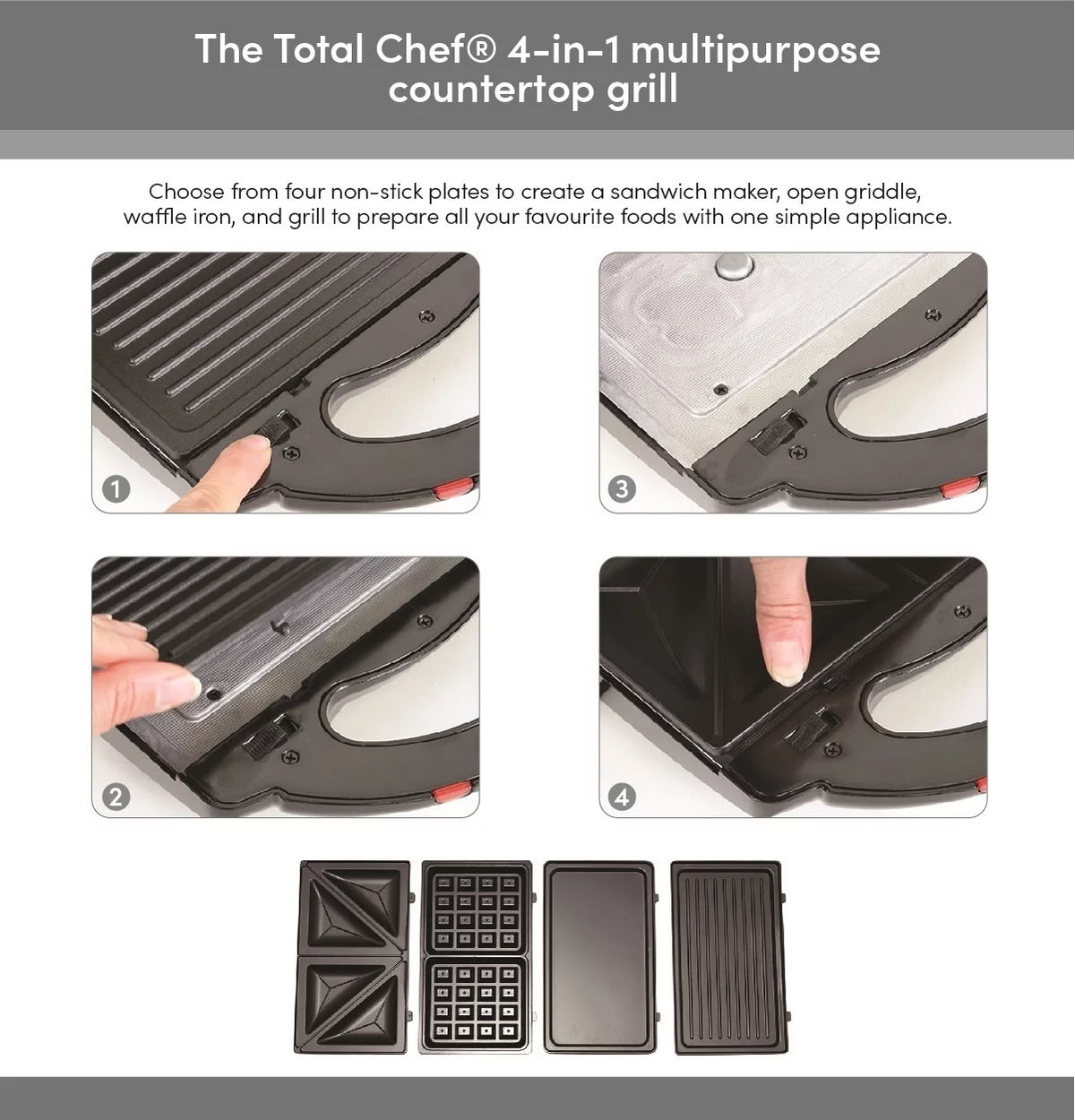 4-in-1 Waffle Maker with Removable Non-Stick Cast Iron Plates R4707