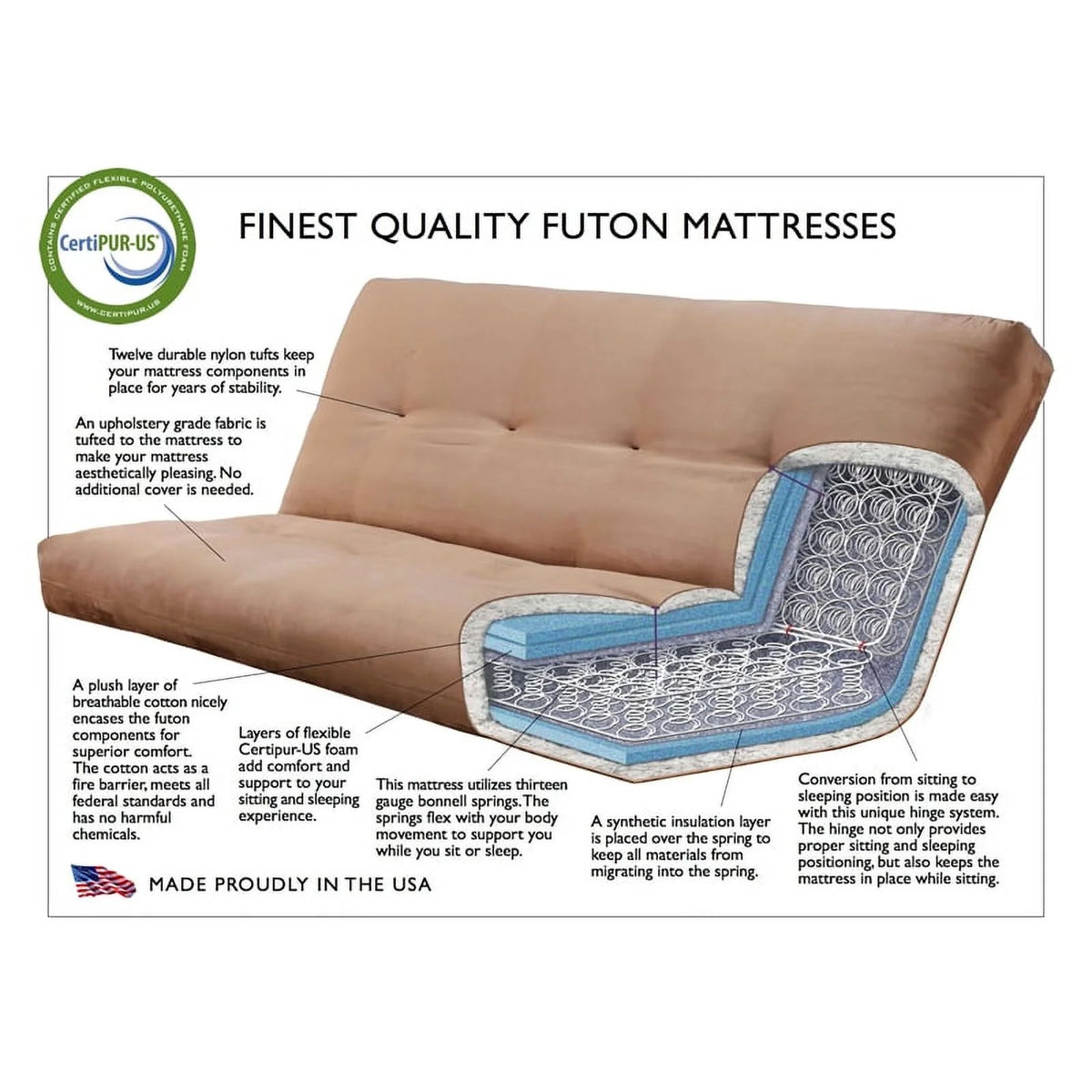 Full-size Linen Fabric Futon Mattress in Stone Gray W128