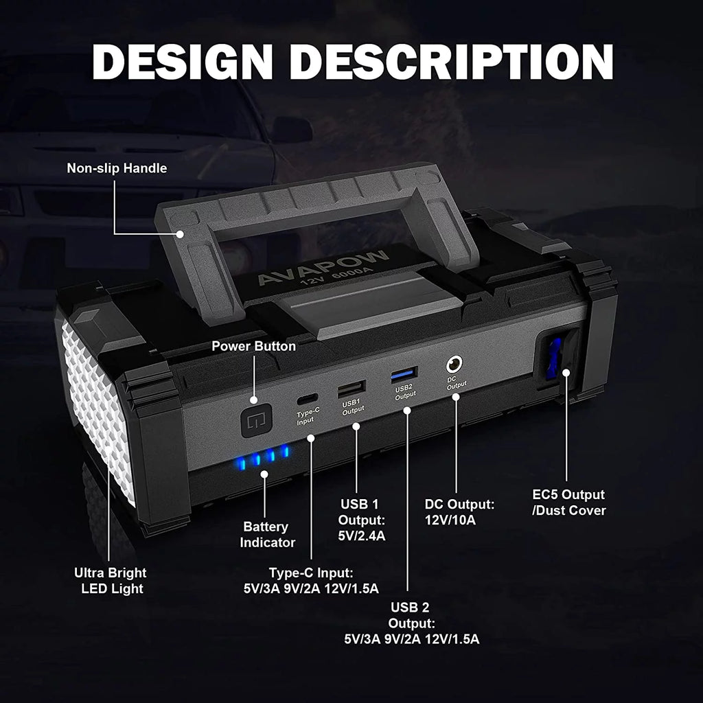 6000A Car Battery Jump Starter with Dual USB Quick Charge and DC Output U80525