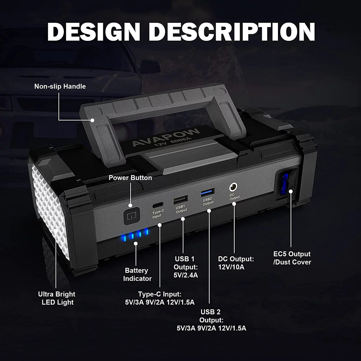 6000A Car Battery Jump Starter with Dual USB Quick Charge and DC Output U80525