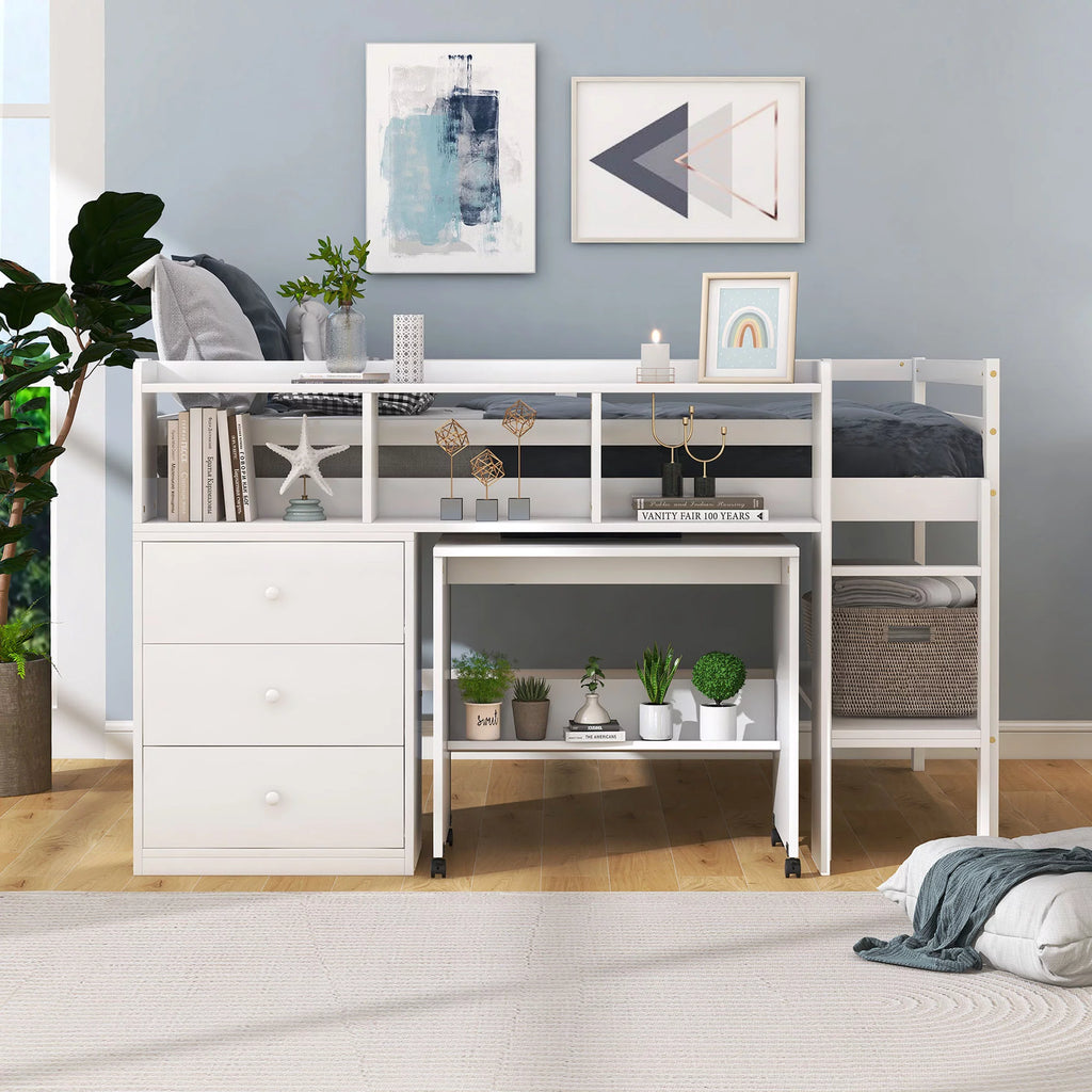White Wood Full Size Low Loft Bed Frame with 3 Storage Drawers Y7439