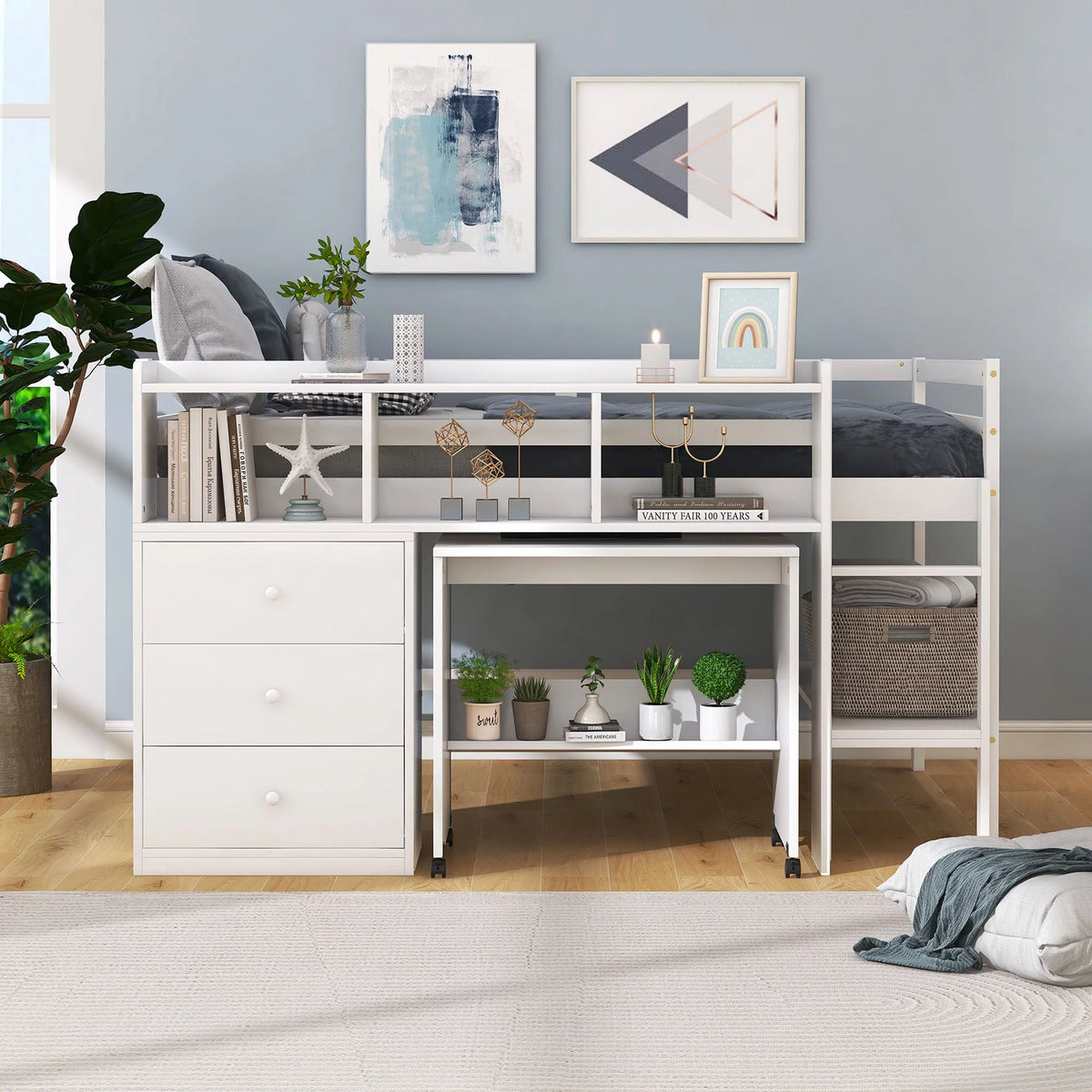 White Wood Full Size Low Loft Bed Frame with 3 Storage Drawers Y7439
