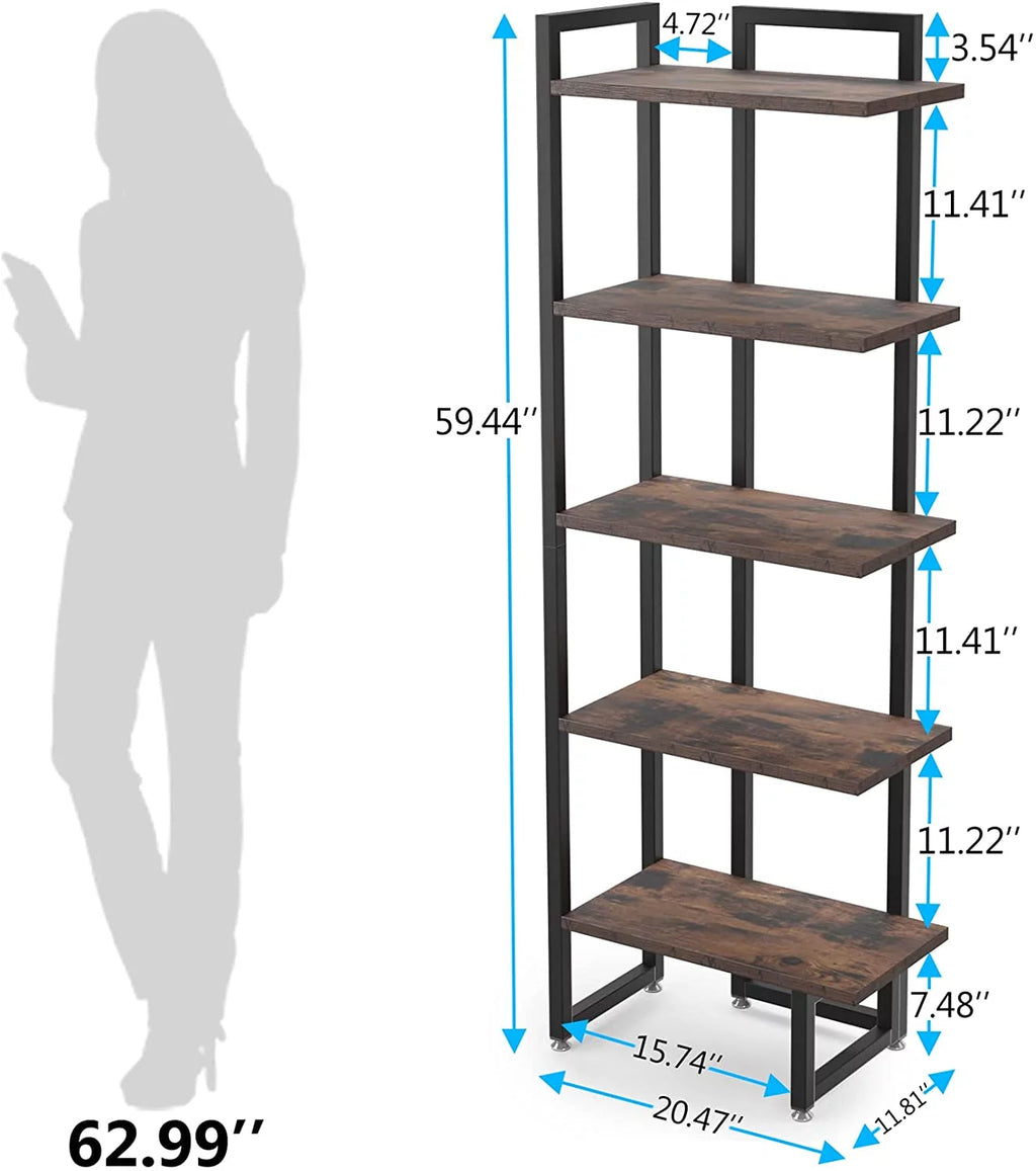 Rustic Brown 5 Tier Corner Bookshelf with Metal Frame X6496