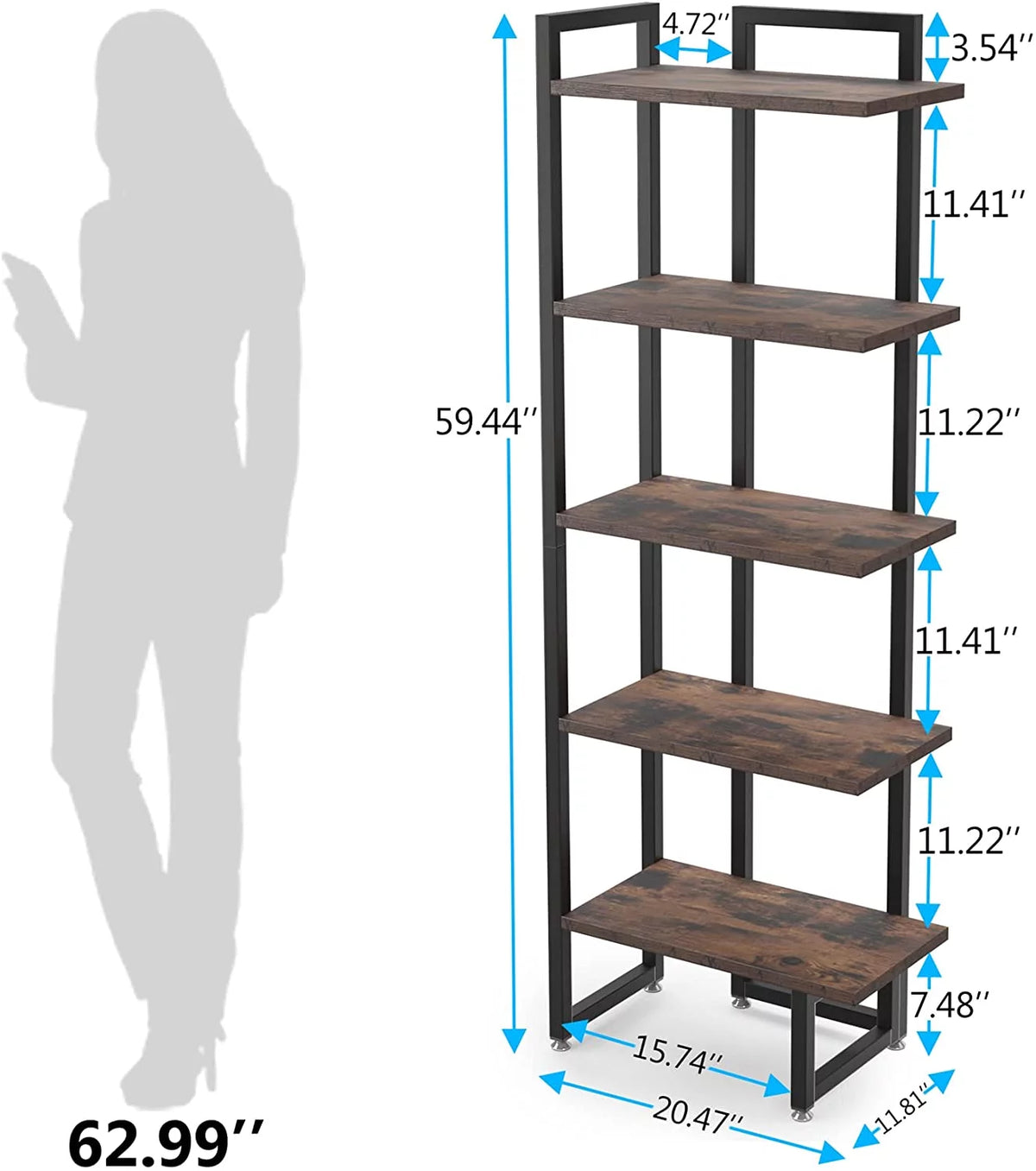 Rustic Brown 5 Tier Corner Bookshelf with Metal Frame X6496
