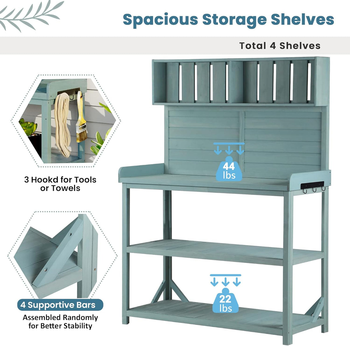 Green Wooden Potting Bench Table with 4 Storage Shelves and 3 Side Hook L48587