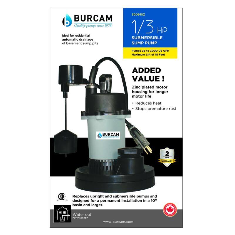 Thermoplastic Submersible Sump Pump, 1/3 HP, 3000 GPH P481