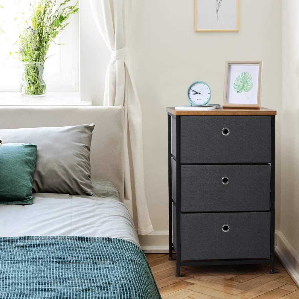 28" Vertical Dresser with 3 Drawers Fabric Nightstand with Steel Frame and Wood Top M9057