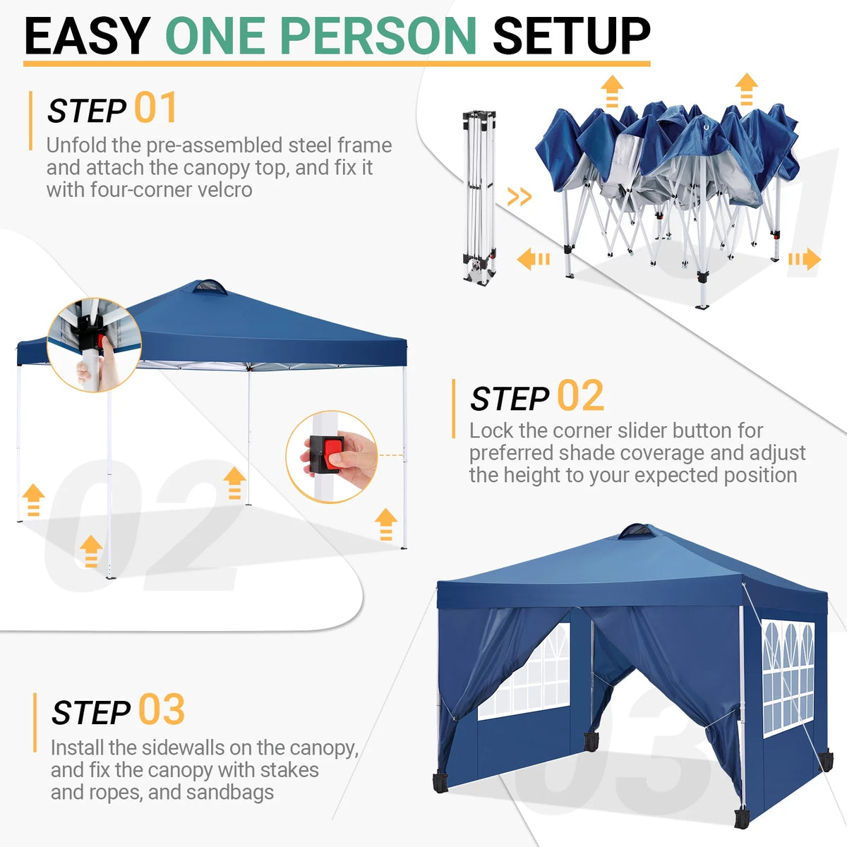 10'x10' Popup Canopy Tent with 4 Removable Sidewalls and Carry Bag B15265