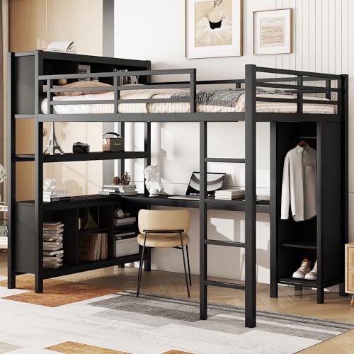 Metal Loft Bed with Wardrobe & L-Shaped Desk, White Queen D3283