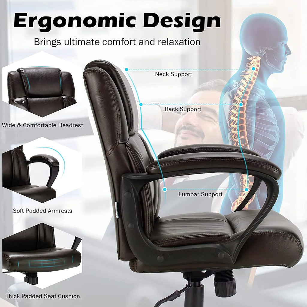 Dark Brown Leather Ergonomic Mid Back Office Chair D156