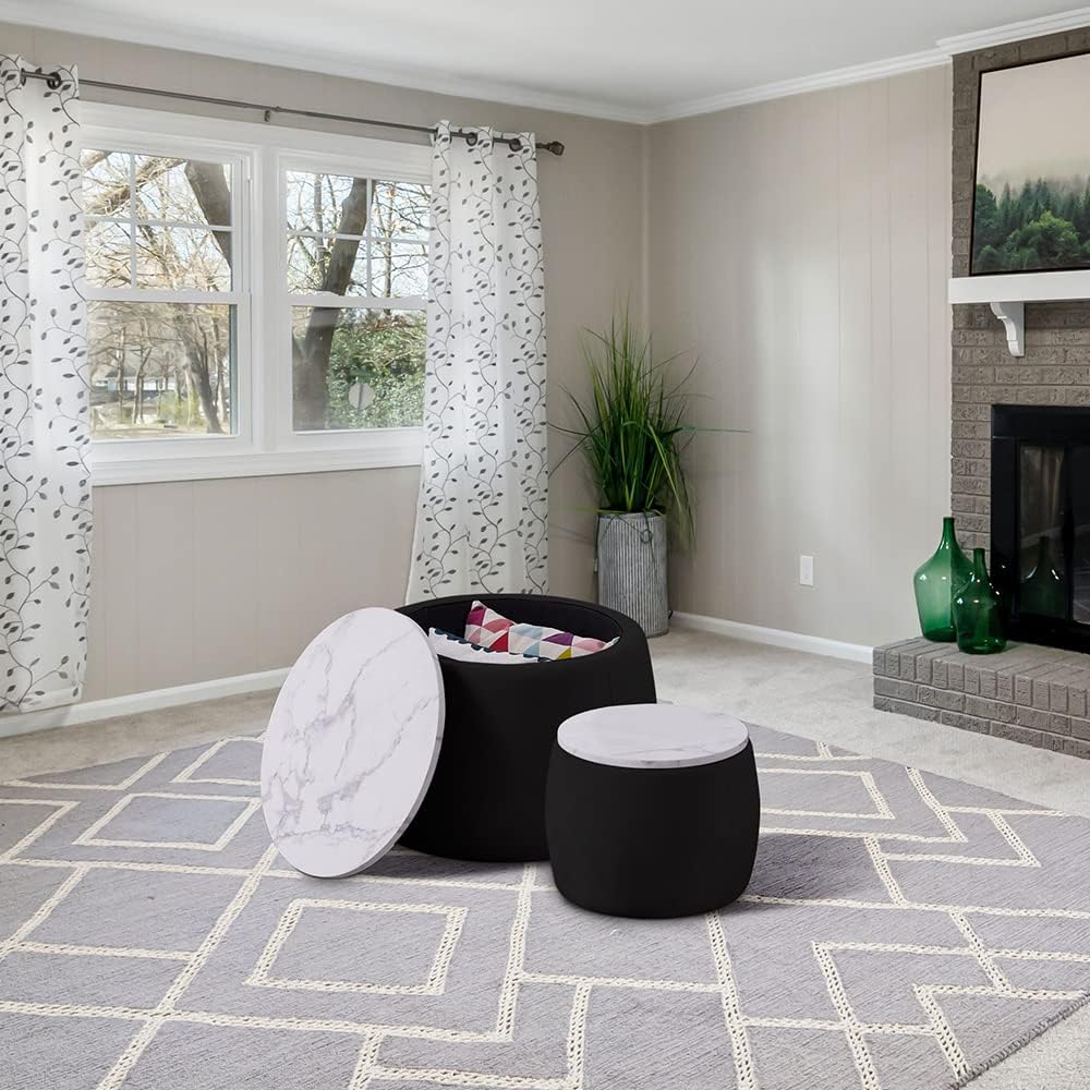 Black Round Coffee Table Set of 2 Nesting Storage Ottoman Velvet Fabric W473541