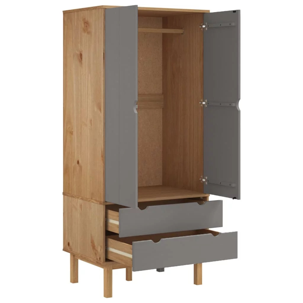 Brown and Gray Solid Wood Pine Wardrobe X564