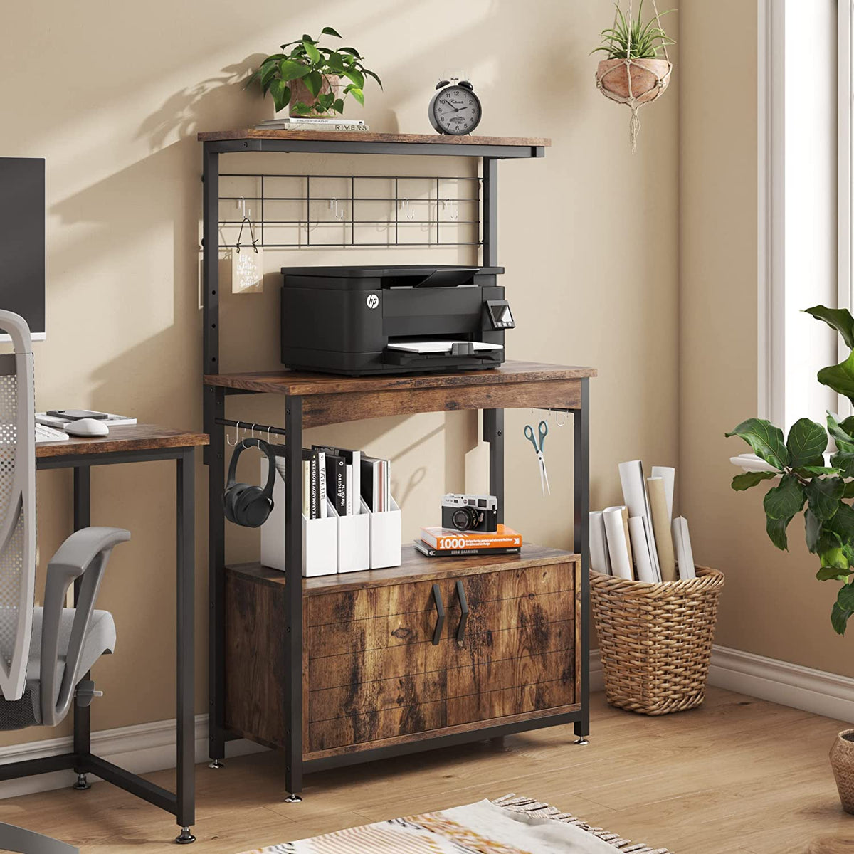 Rustic Brown Bakers Racks with Storage Cabinet, Height-Adjustable 45" to 55" Microwave Stand with Wheels & Feet S37942