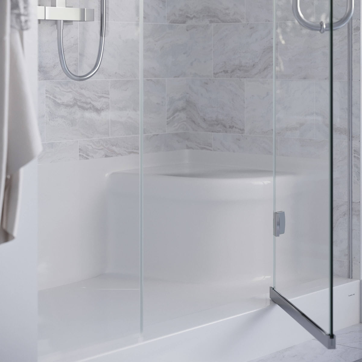 Gray Single Threshold Shower Base with Left Hand Drain and Integral Right Hand Seat S75805