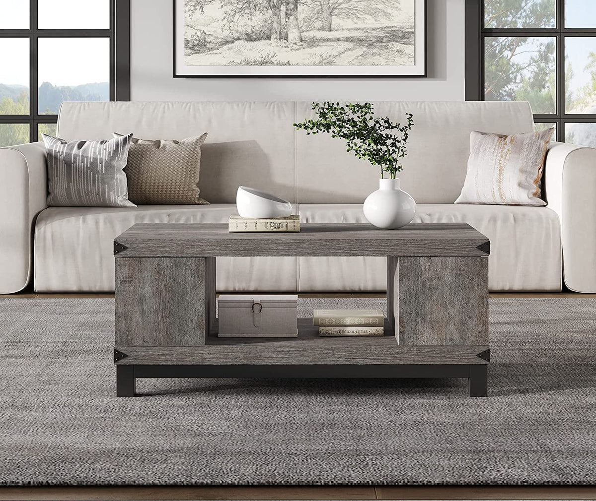 Grey Wood Coffee Table with Drawers and Shelves T3951