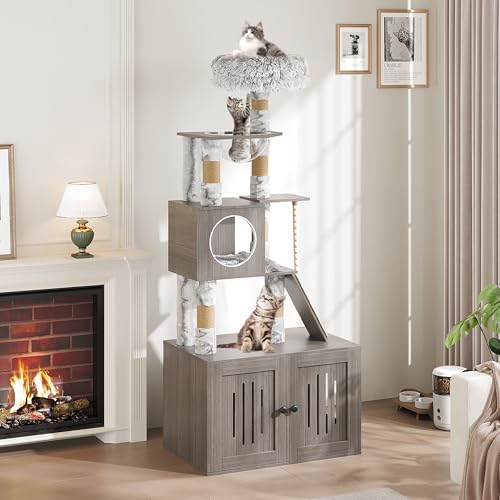 66.9-Inch Grey Cat Tree with Litter Box Enclosure G253