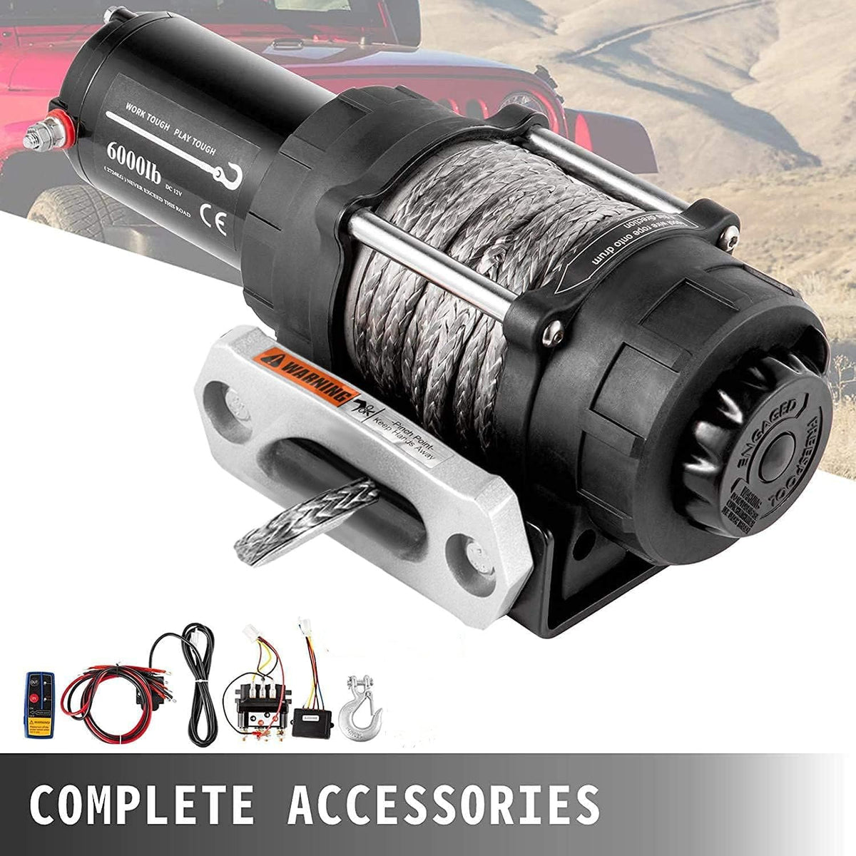 Electric Winch 6000lb Load Capacity Synthetic Rope with Wireless Remote Control J915