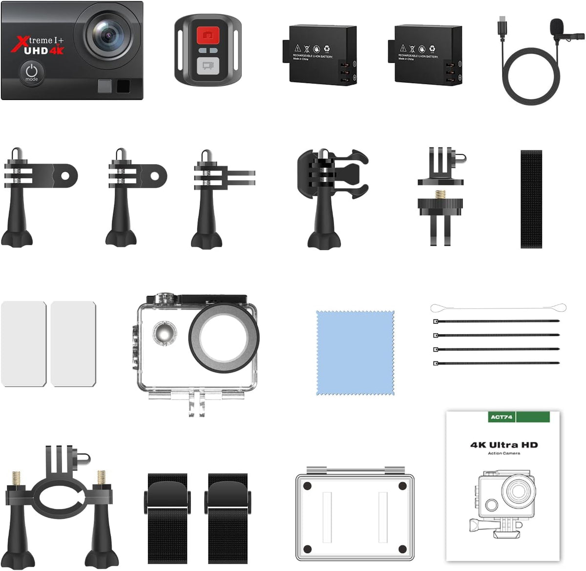 UHD 4K WiFi Action Camera 20MP Waterproof 131FT 2 Color Screen 170° Wide Angle EIS Sports Cam with External Mic Remote 2 Batteries and Helmet Accessories Kit Pack of 2 I212102