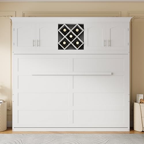 White Queen Size Murphy Wall Bed with Top Cabinets & Wine Rack Z52804
