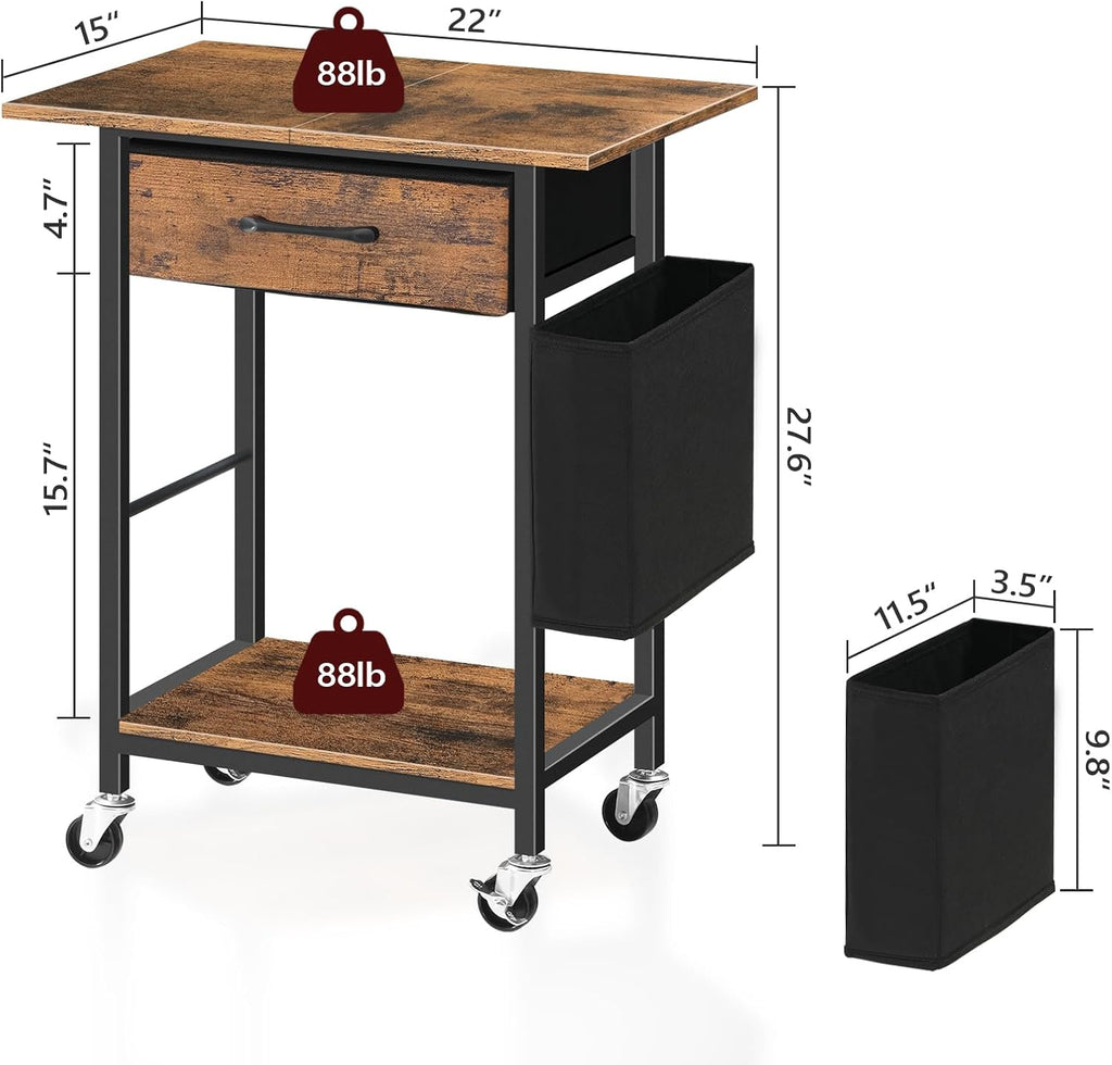 Rustic Brown Rolling Printer Cart with Storage Drawer N856