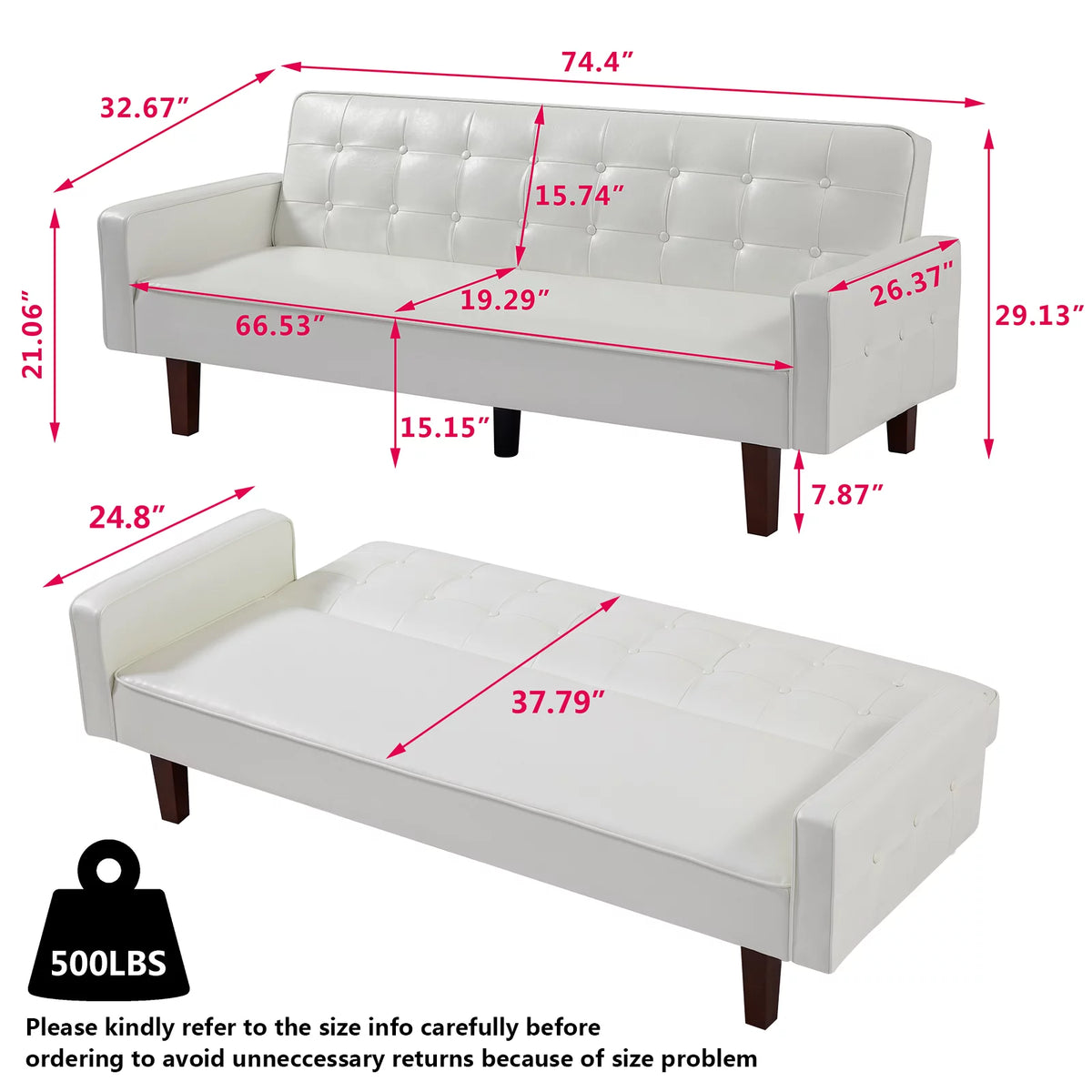 White Faux Leather Button Tufted Convertible Sleeper Sofa Bed H99535