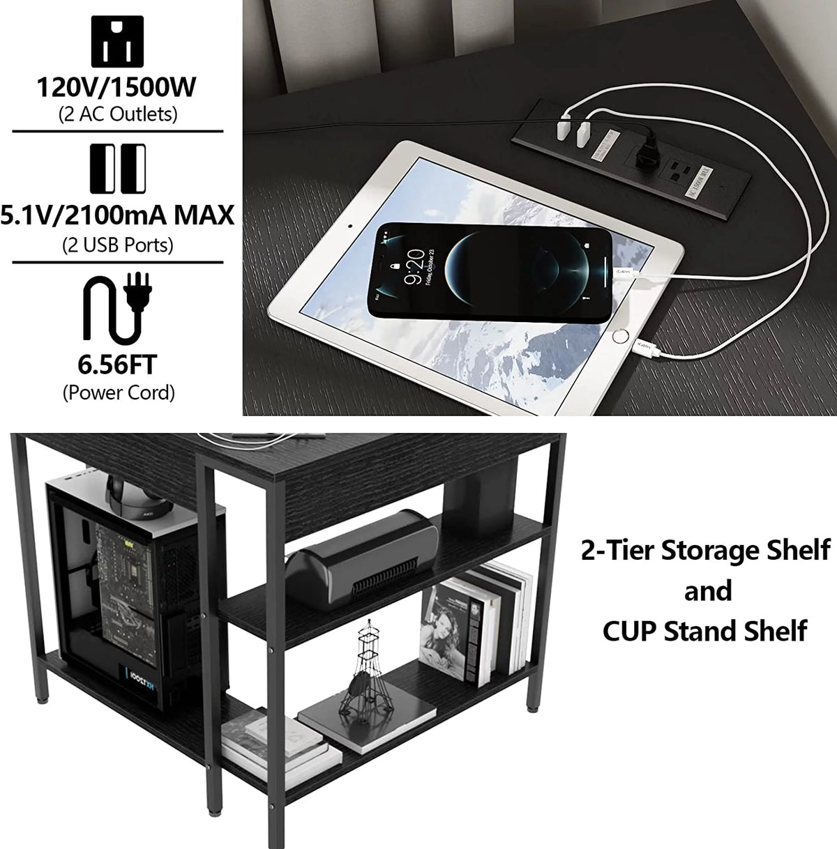 Corner Desk with Outlets USB Ports Storage Shelves Y915577
