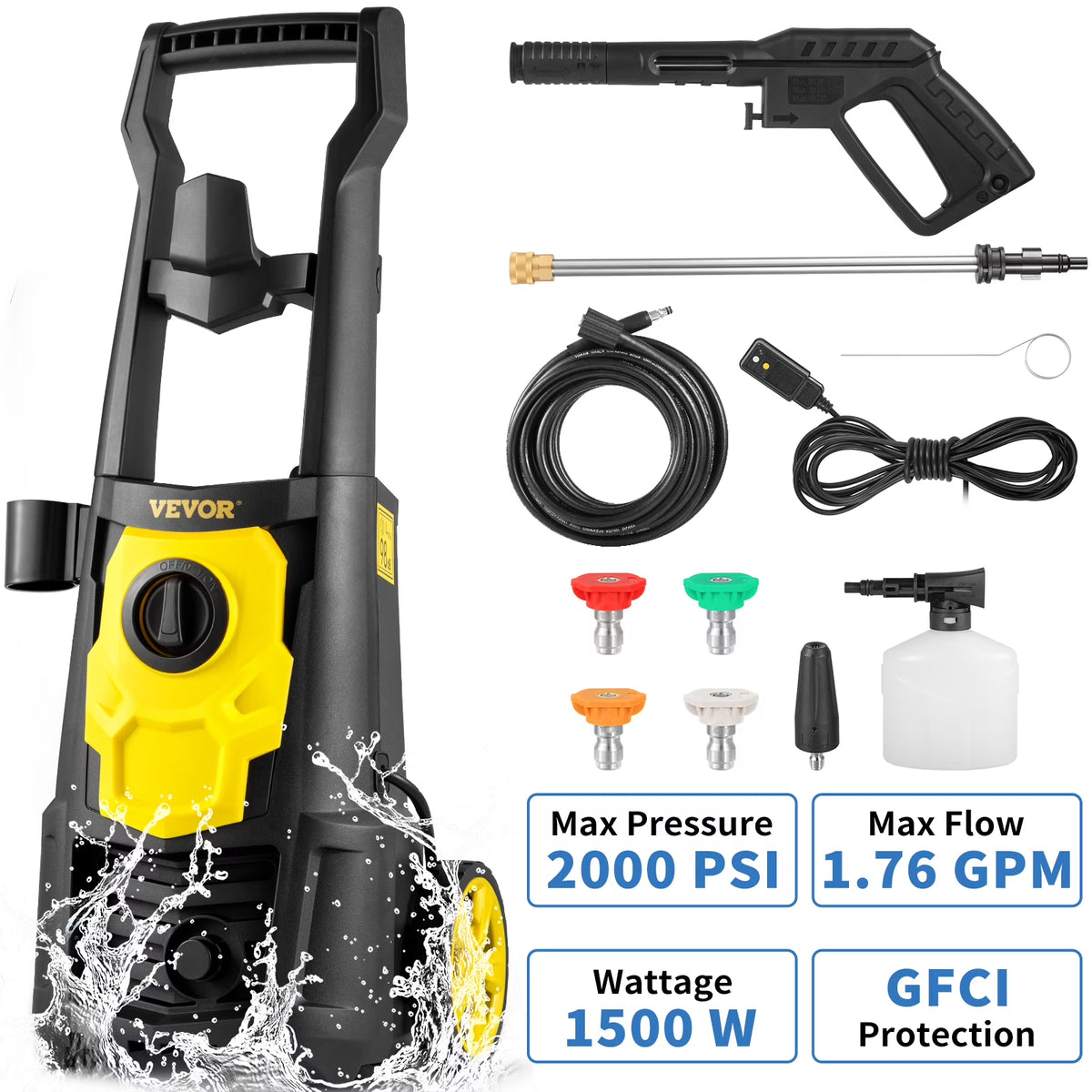 Electric Pressure Washer 2000PSI Max, 1.76 GPM Power Washer with 30 ft Hose and 5 Nozzles Foam Cannon K358