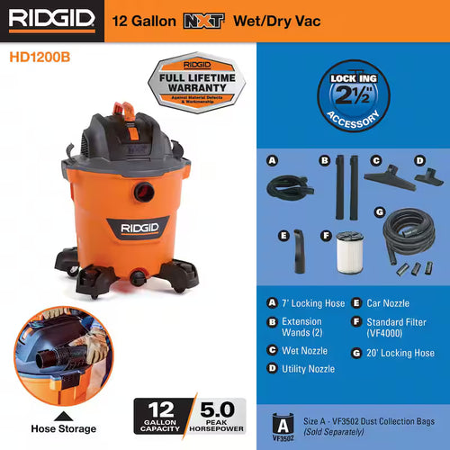 12 Gallon 5.0 Peak HP Wet/Dry Shop Vacuum with Hose Q145