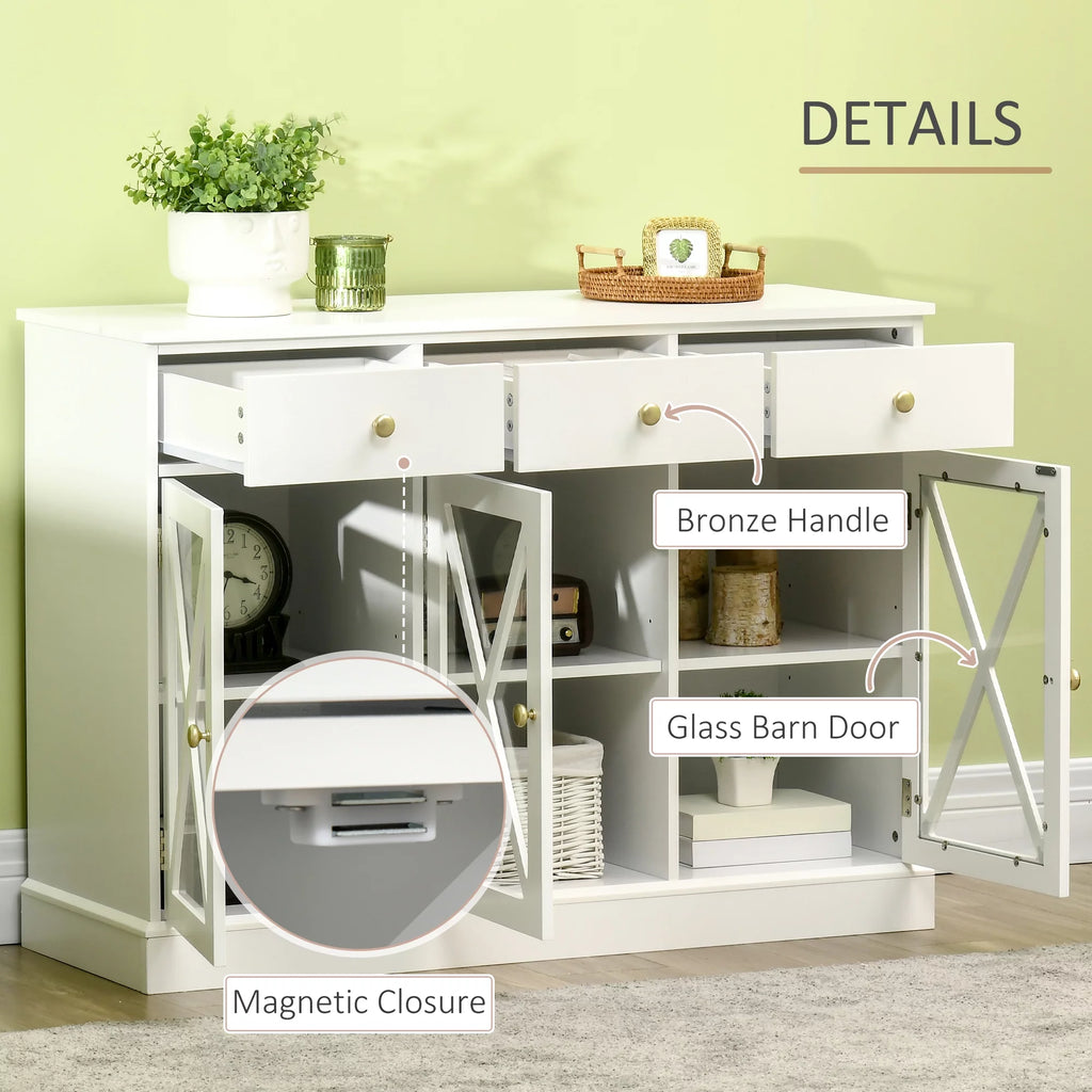 White Sideboard Buffet Cabinet with Glass Doors and 3 Drawers B465