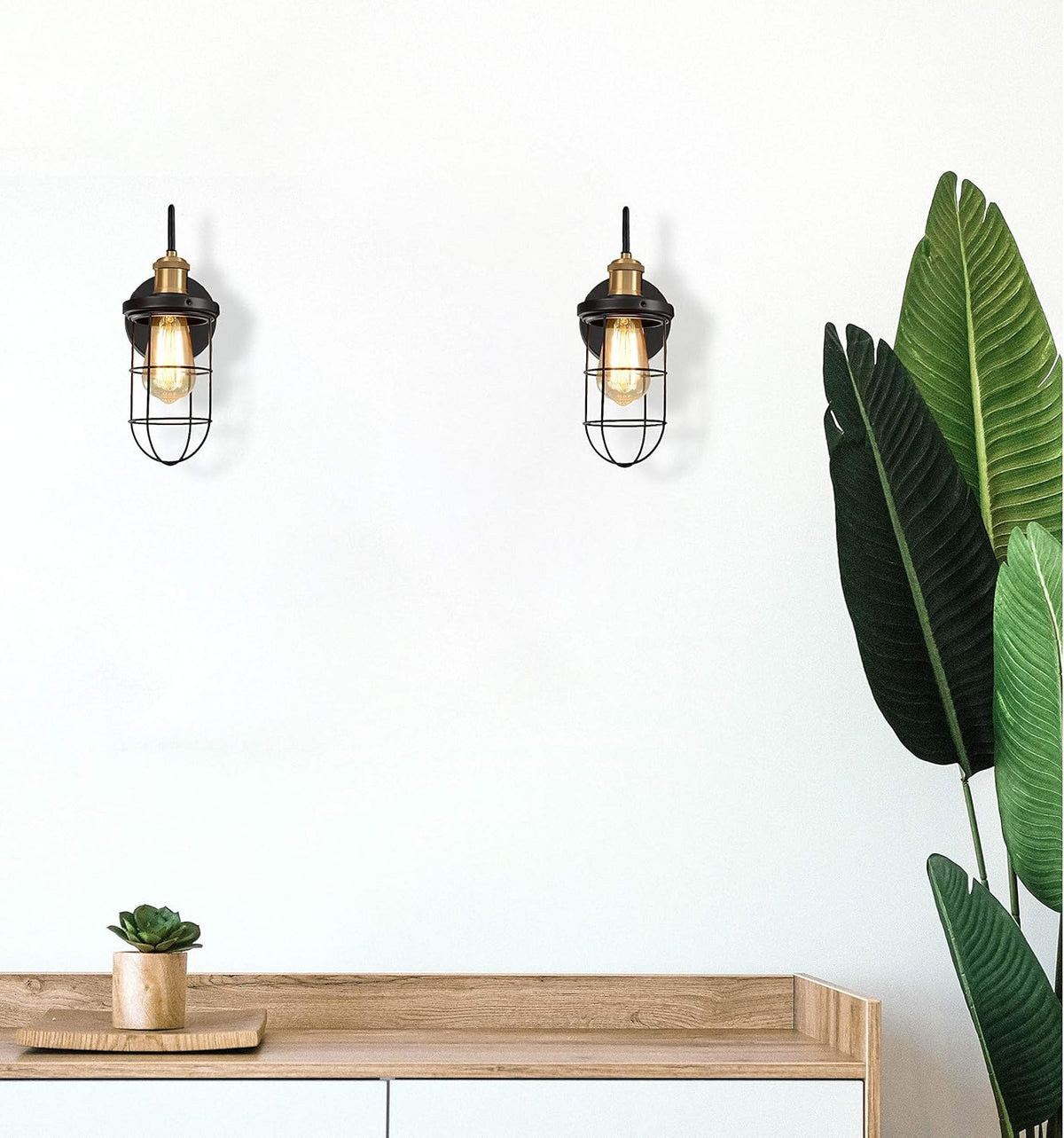 Farmhouse Wall Sconces with Cage Shade, Black and Gold, Set of Two R447