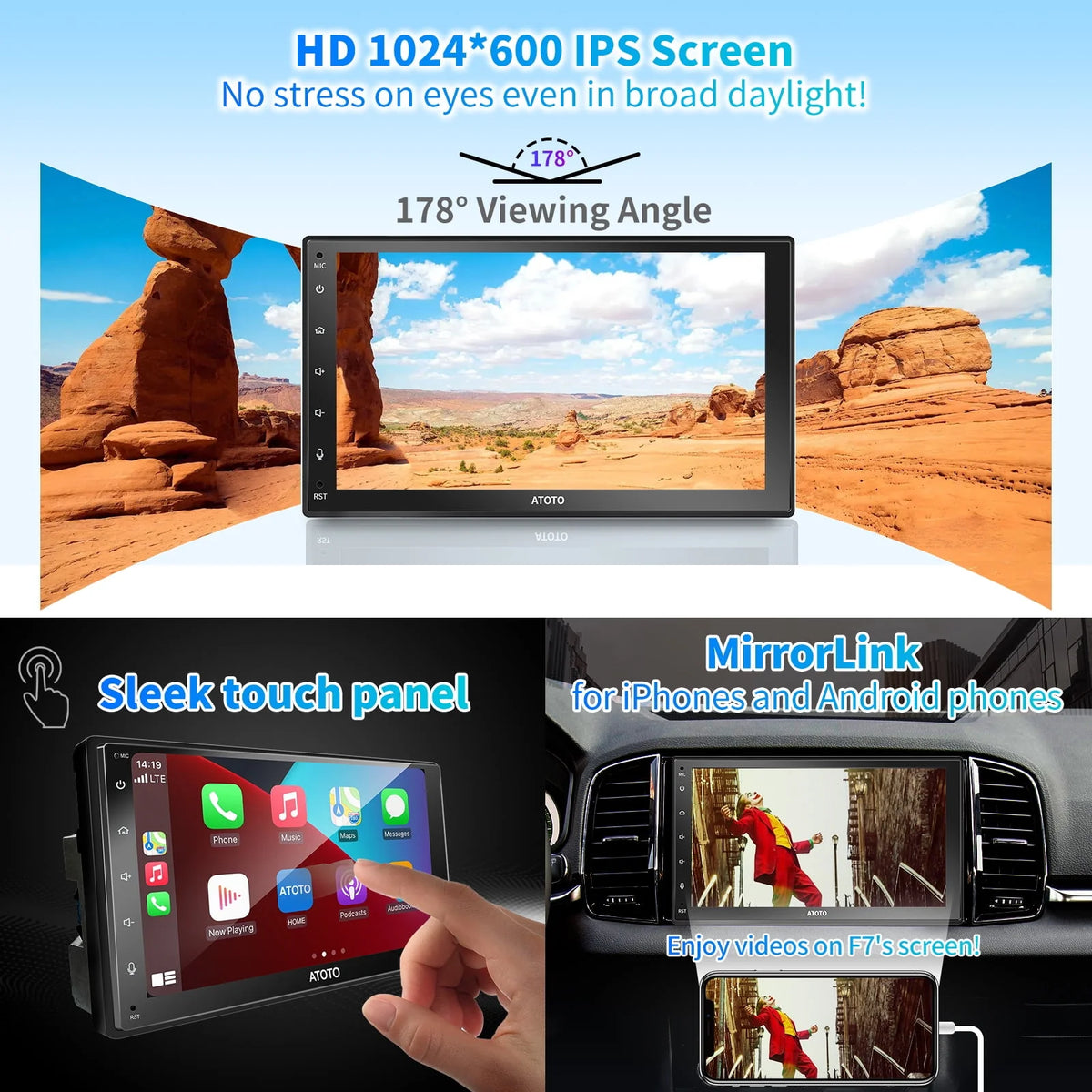Double Din Car Stereo 7inch TouchScreen Wireless Apple Carplay Android Auto Bluetooth C825