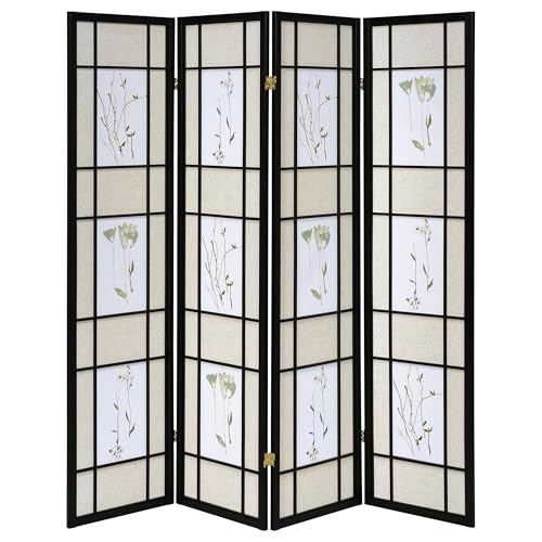Solid Wood 4-Panel Folding Shoji Screen Room Divider with Beige Fabric Panels D9467