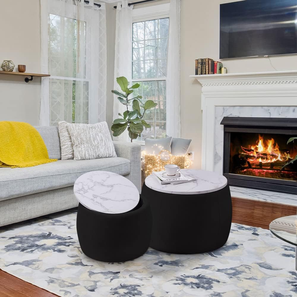 Black Round Coffee Table Set of 2 Nesting Storage Ottoman Velvet Fabric W473541