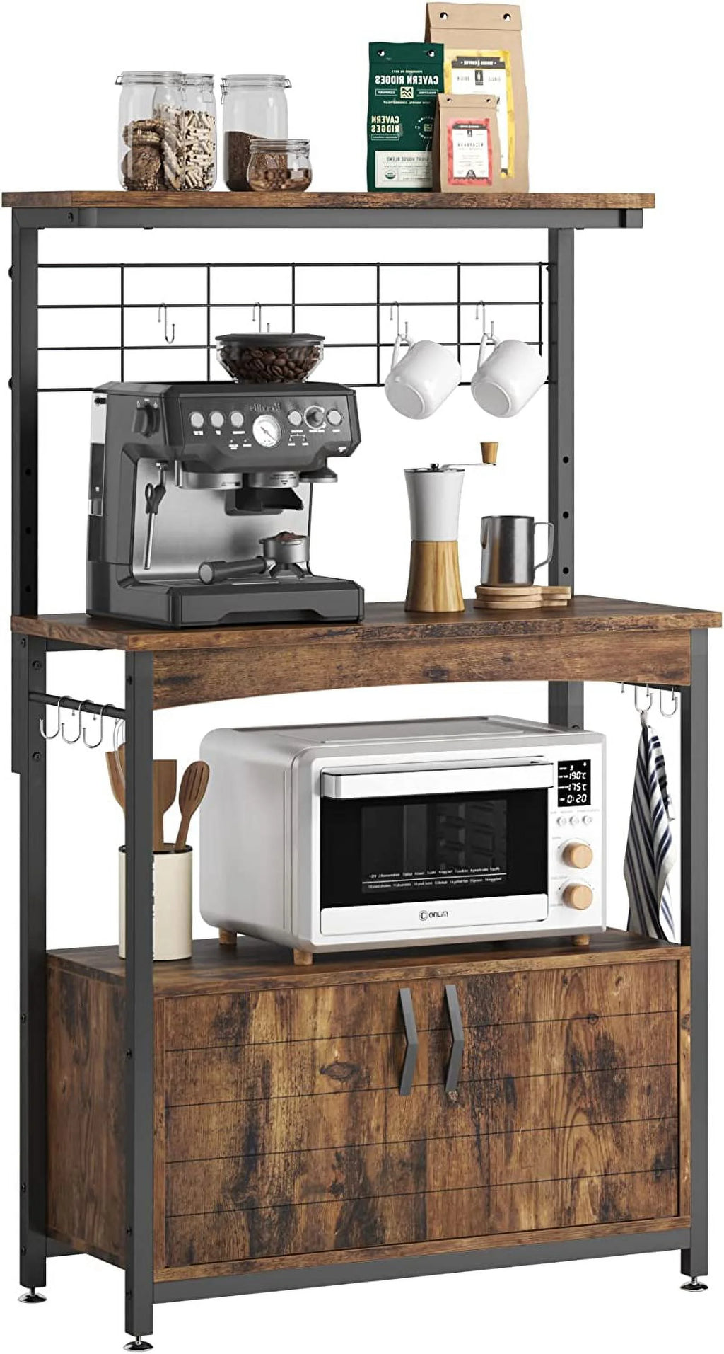 Rustic Brown Bakers Racks with Storage Cabinet, Height-Adjustable 45" to 55" Microwave Stand with Wheels & Feet S37942