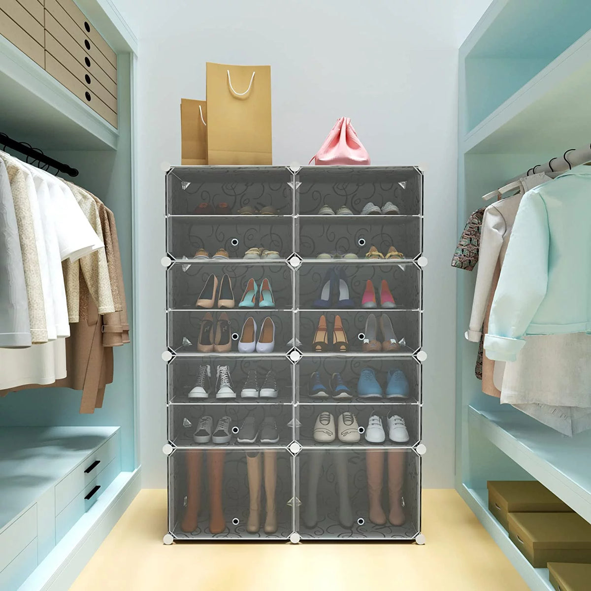 Black 8 Tier Plastic Shoe Storage Cabinet with Doors I955