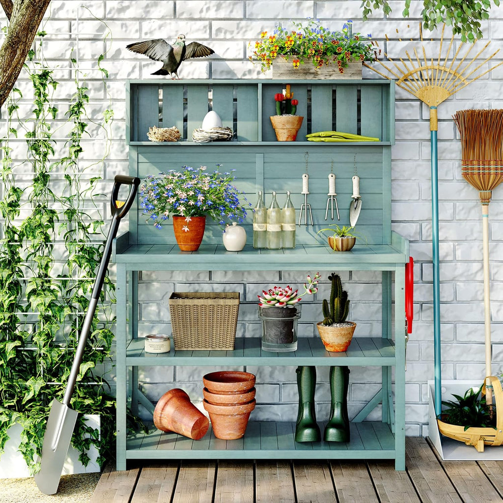 Green Wooden Potting Bench Table with 4 Storage Shelves and 3 Side Hook L48587