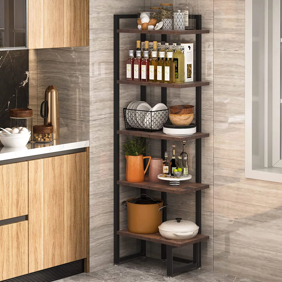 Rustic Brown 5 Tier Corner Bookshelf with Metal Frame X6496