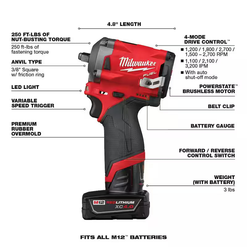 12V Lithium-Ion Brushless Cordless 3/8 in. Impact Wrench Kit & 3/8 in. Ratchet T626657