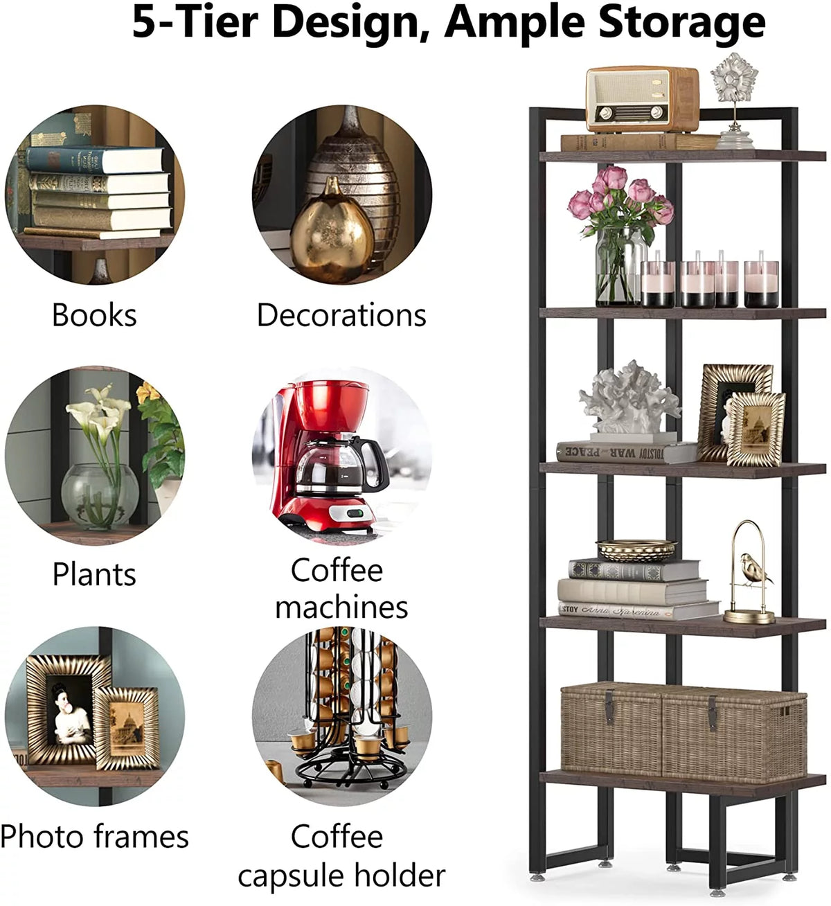 Rustic Brown 5 Tier Corner Bookshelf with Metal Frame X6496
